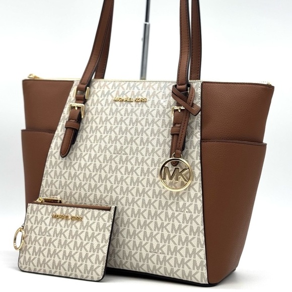 Michael Kors Large Charlotte Tote Bag & Signature Logo Coin Purse Vanilla/Brown - Picture 1 of 14